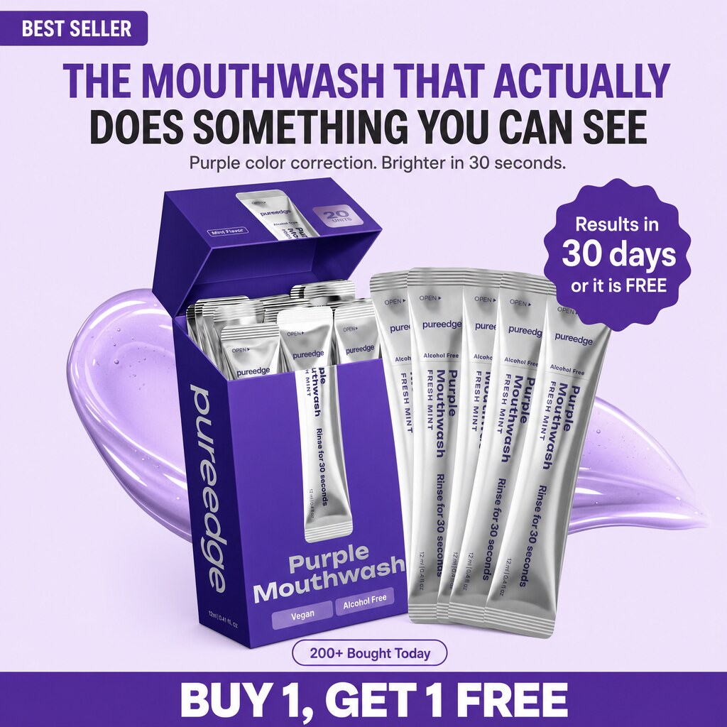 Purple Mouthwash hero, brighter smile in 30 seconds