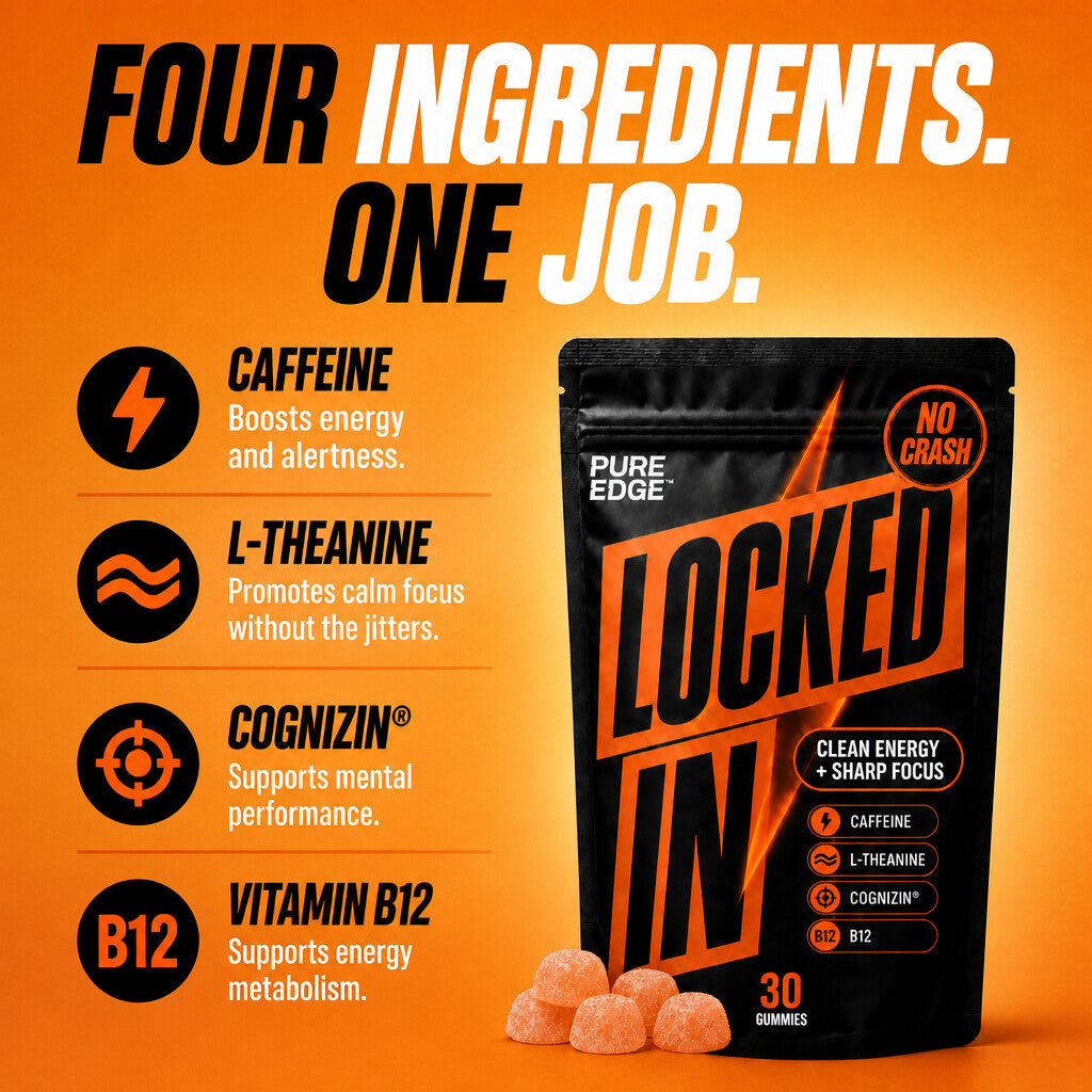 Locked In ingredients: caffeine, L-theanine, Cognizin, B12